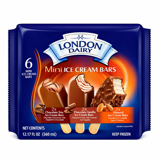 London Dairy Mini Ice Cream Bar Multipack Almond, Chocolate Trio, Vanilla  2Fl Oz 8ct Case